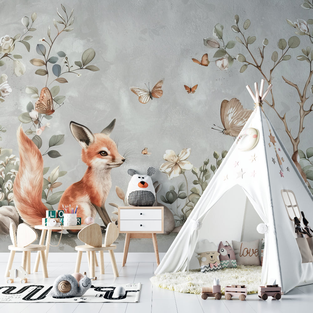 Fox and butterfly wallpaper complementing a minimal Scandinavian children's room