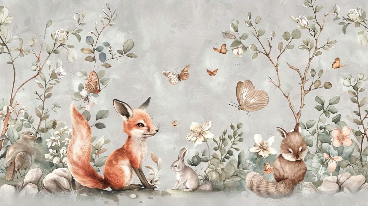 Design file showing fox and butterflies pattern with sage green and copper tones