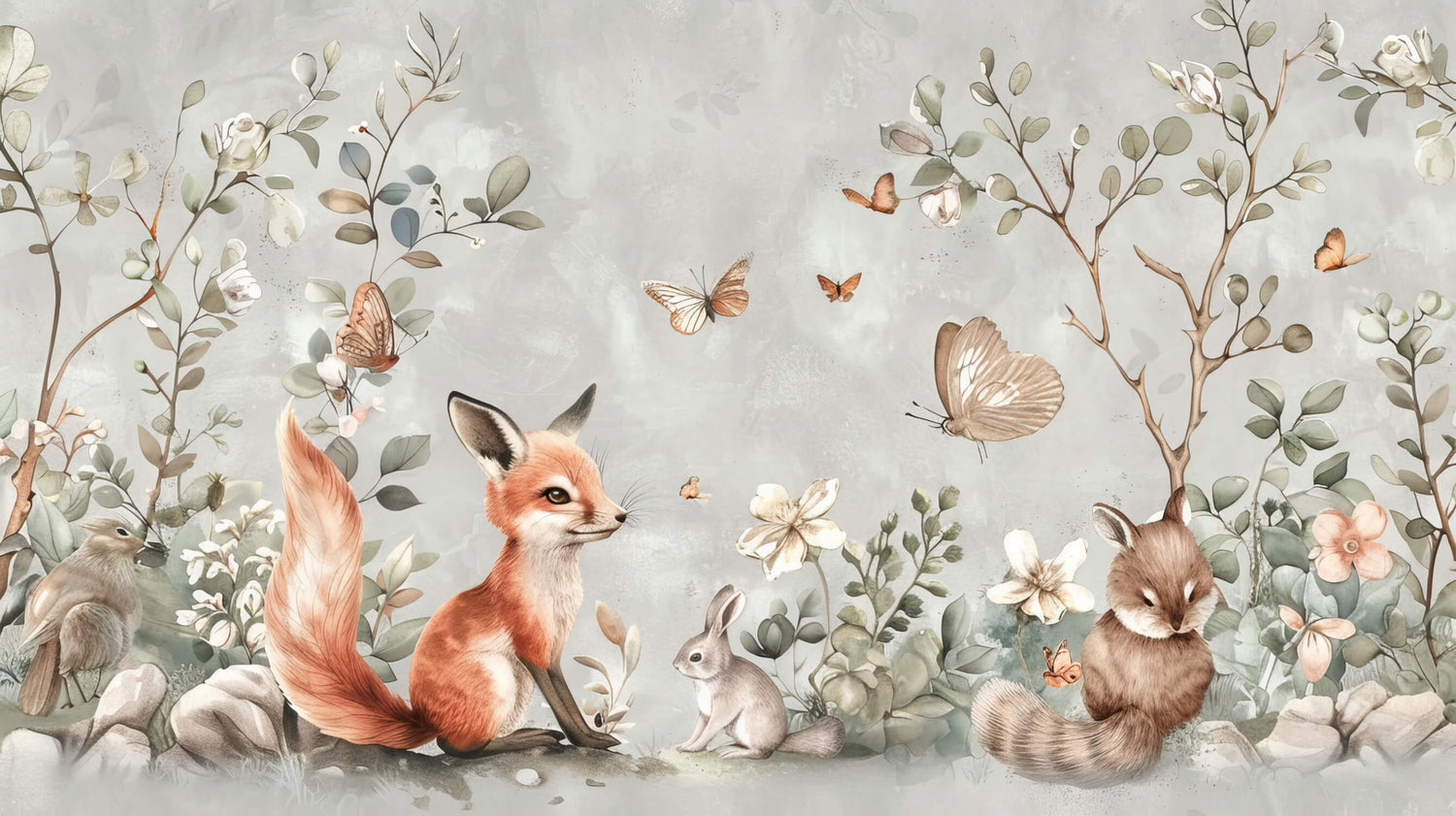 Design file showing fox and butterflies pattern with sage green and copper tones