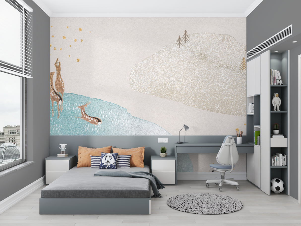 Forest Animals Wallpaper in modern nursery, showing golden deer and mountains creating a calm, nature-inspired space
