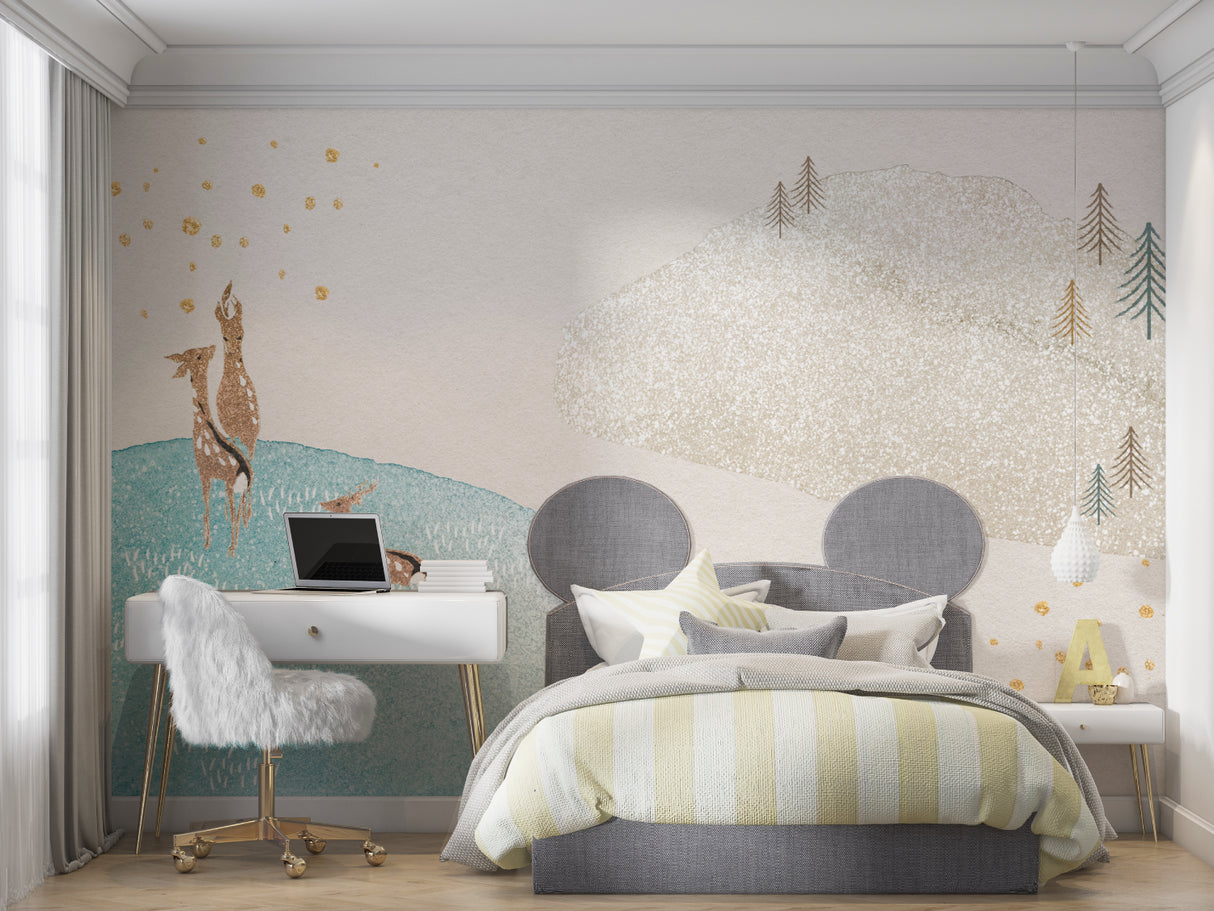 Deer wall mural bringing outdoor charm to playroom with soft turquoise and gold accents