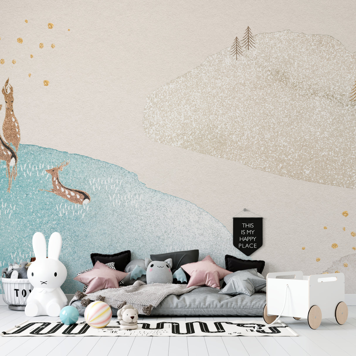 Forest animal wallpaper creating serene atmosphere in baby room with golden star details