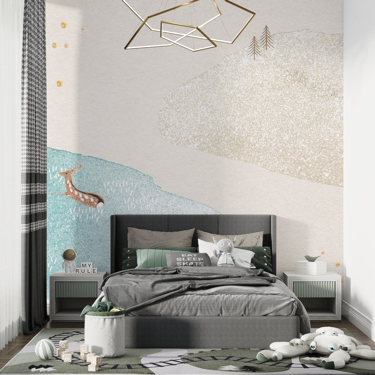 Nature-inspired mural wallpaper transforming master bedroom into mountain retreat