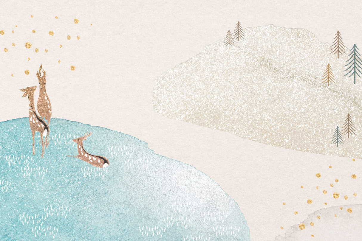 Design file showing full pattern of deer and mountain scene with golden stars and turquoise peaks