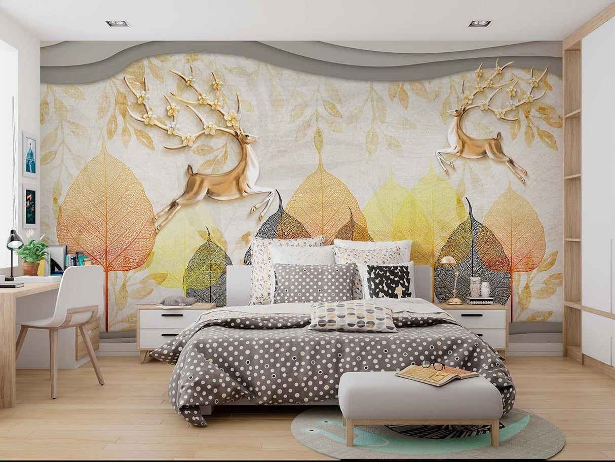Forest Animals Wallpaper with golden deer shown in modern living room, natural light highlighting metallic details