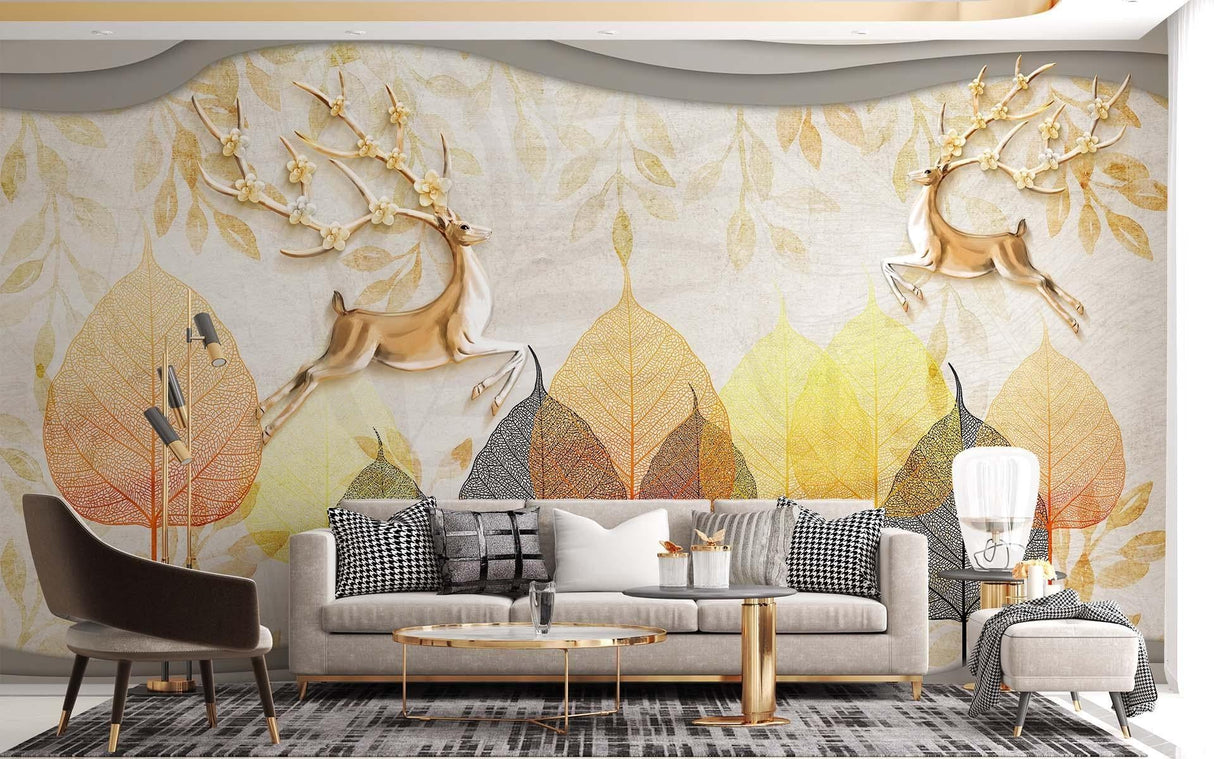 Forest Mural with autumn leaves displayed in home office, showing scale and detail