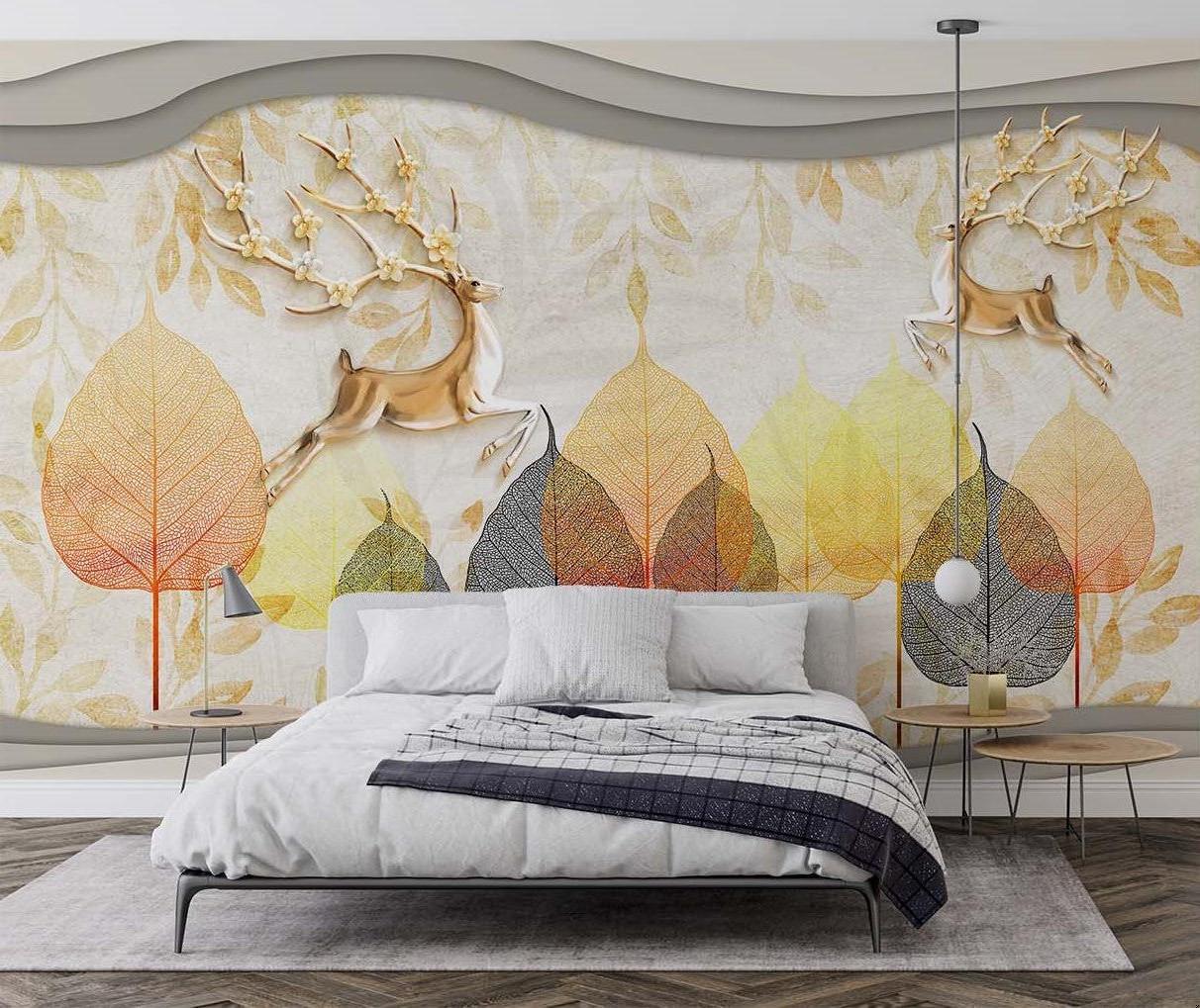 Deer Wall Mural featured in dining room, showcasing golden accents