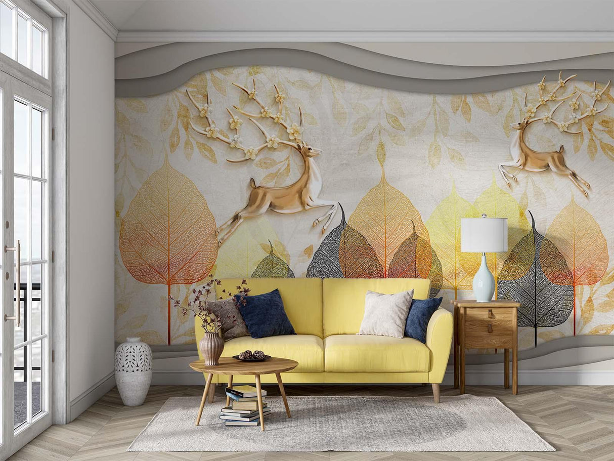 Nature Wallpaper with golden deer installed in hallway, natural daylight view