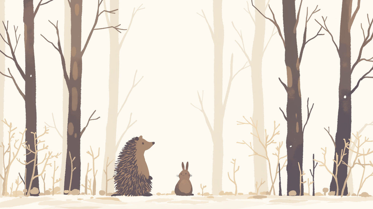 Forest animals wallpaper design file showing hedgehog and rabbit characters in misty woodland scene