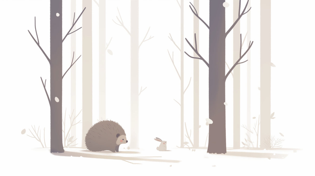 Forest animals design file showing gentle winter scene with hedgehog and rabbit among misty trees