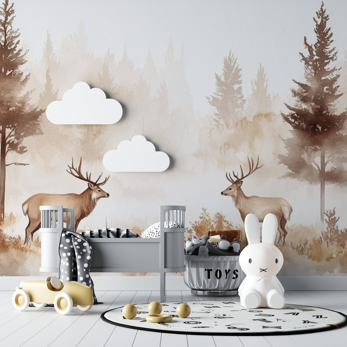 Forest Animals Wallpaper in cozy nursery setting, showing deer mural creating peaceful atmosphere