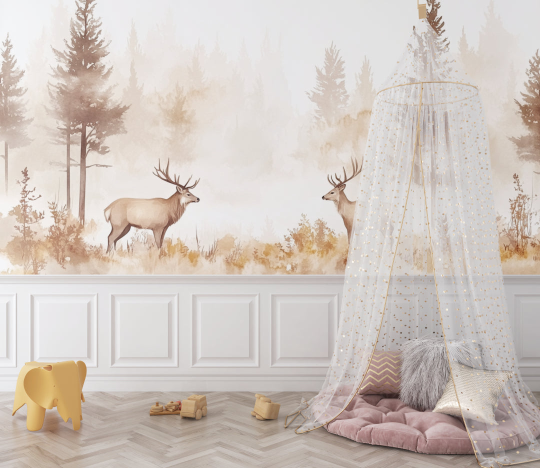 Woodland Deer Wallpaper featured in modern living room, highlighting natural tones