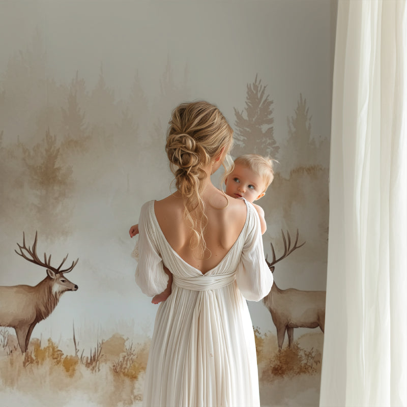 Nature Wall Mural in home office setting with deer and misty forest theme