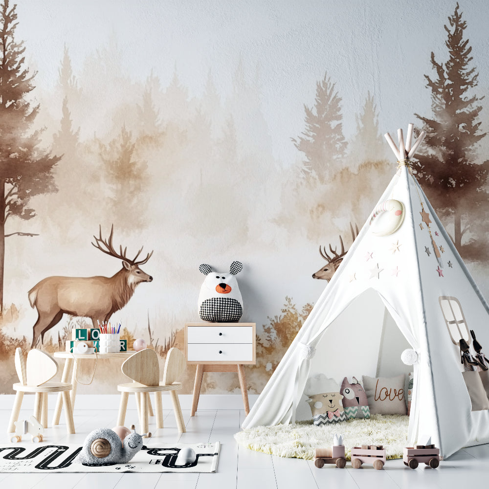 Woodland Scene Wallpaper enhancing dining room ambiance with soft misty tones