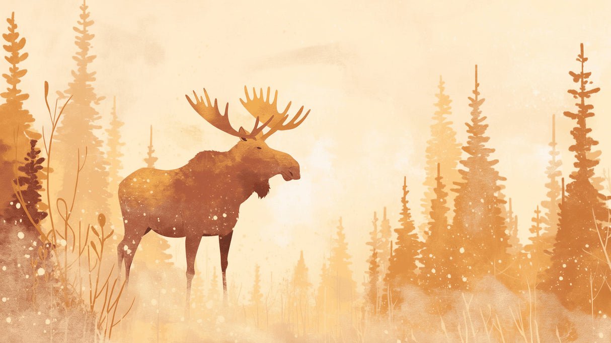 Forest wildlife wallpaper creating a cozy atmosphere in a modern living room with golden pine trees and moose silhouette