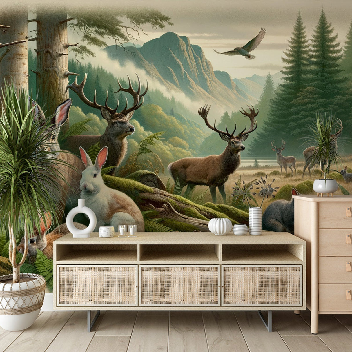 Forest wildlife wallpaper creating cozy atmosphere in modern living room with mountain animal scene
