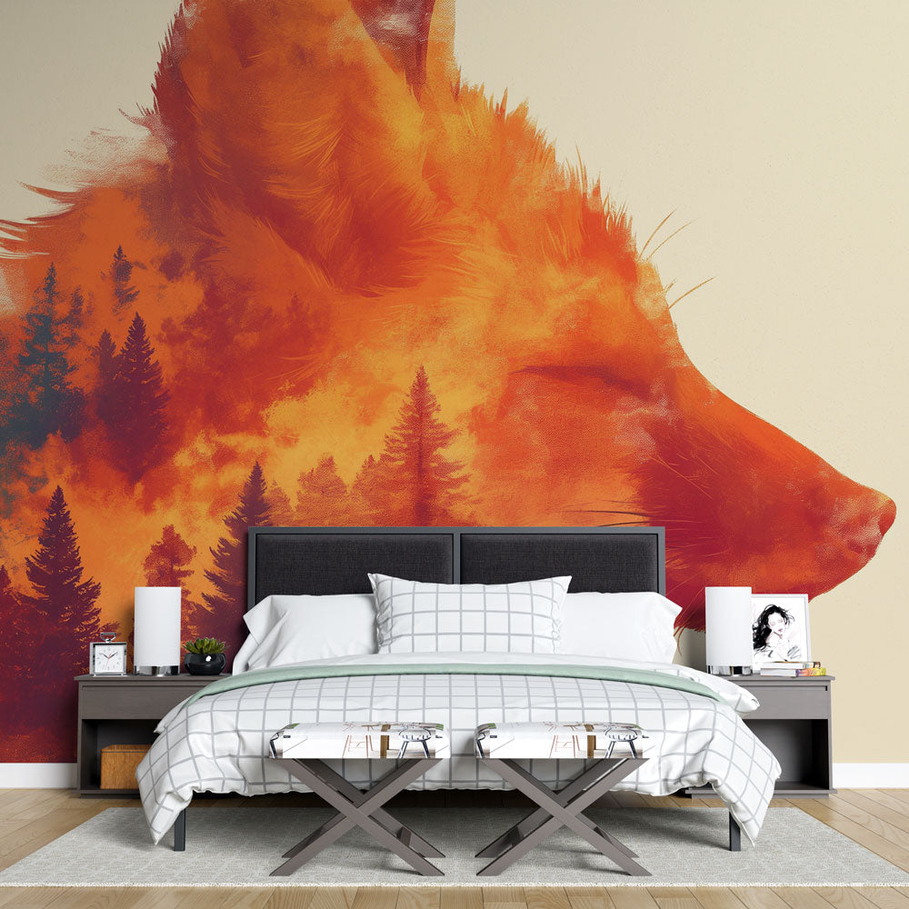 Forest animal wallpaper with Nordic fox design styled in a modern Scandinavian living room with minimal furniture