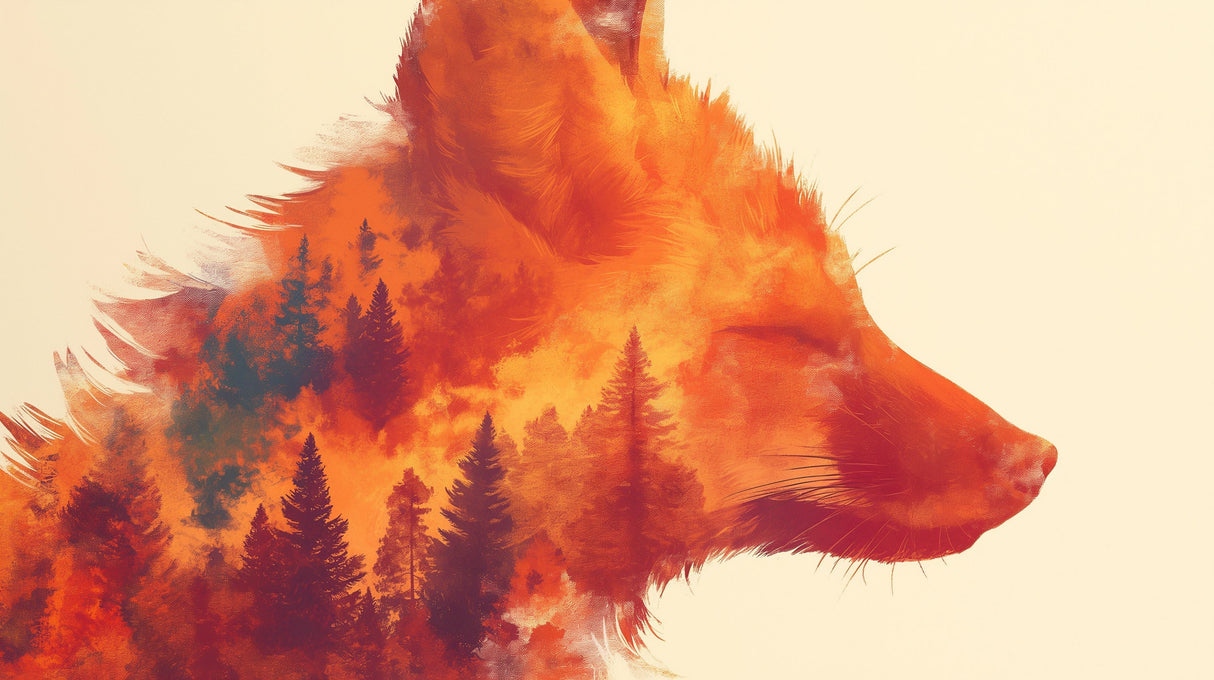 Nordic fox forest wallpaper design file showing detailed double exposure artwork with pine trees