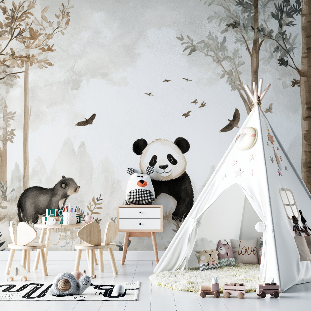Forest animals wallpaper in cozy nursery with white furniture, showing panda and woodland creatures in soft morning light