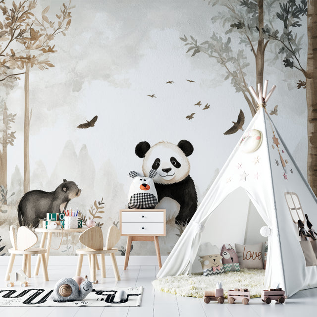 Forest animals wallpaper in cozy nursery with white furniture, showing panda and woodland creatures in soft morning light