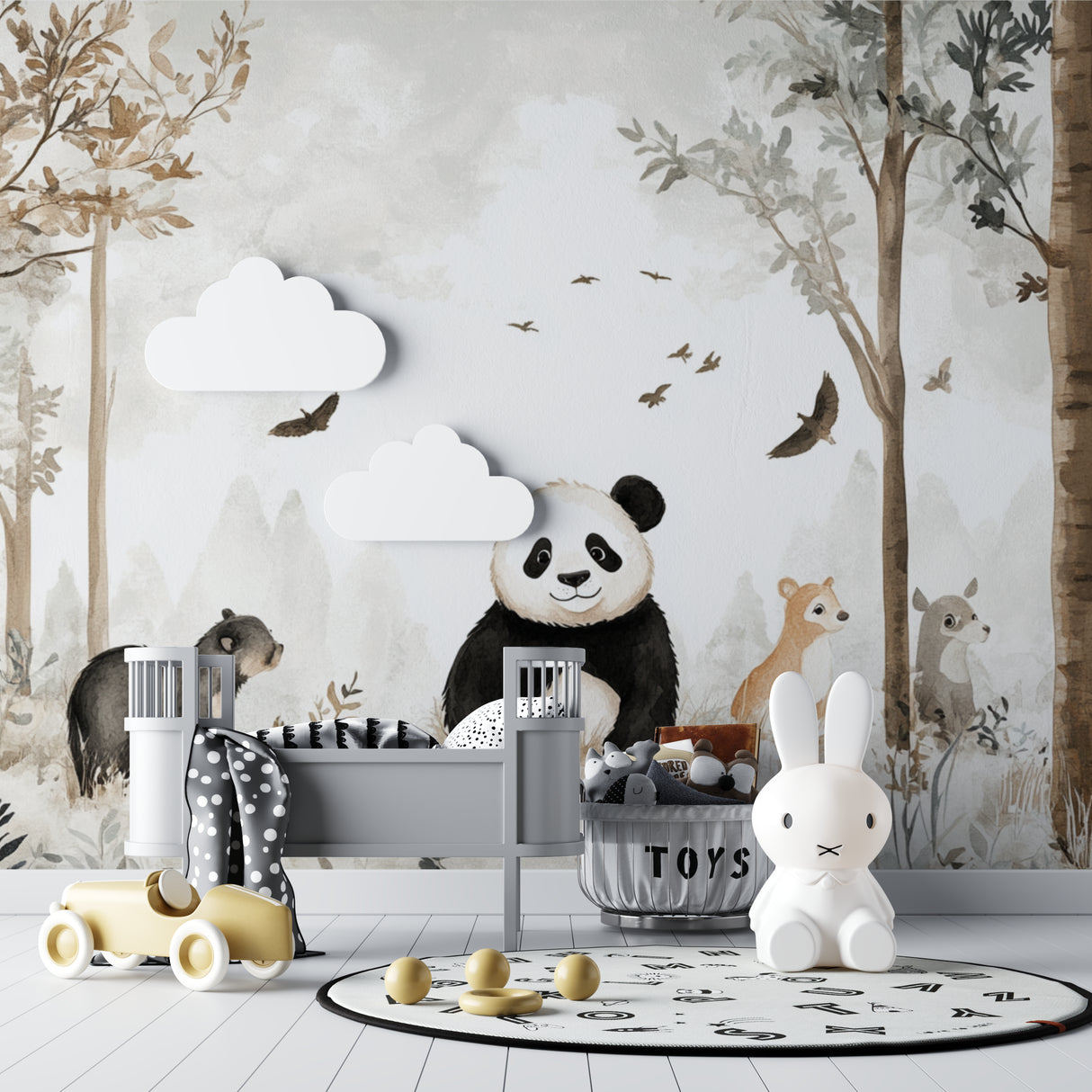 Woodland mural wallpaper in children's reading nook with natural wood elements and soft textiles