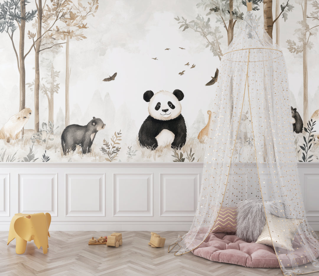 Panda wall mural creating depth in modern playroom with minimalist toys and furniture