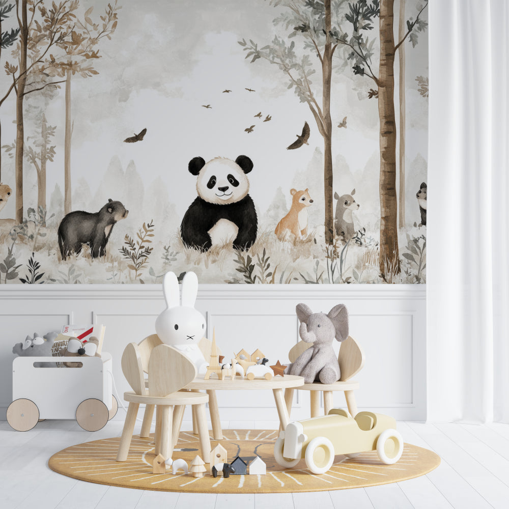 Woodland friends wallpaper in bright kid's bedroom showing scale and color harmony