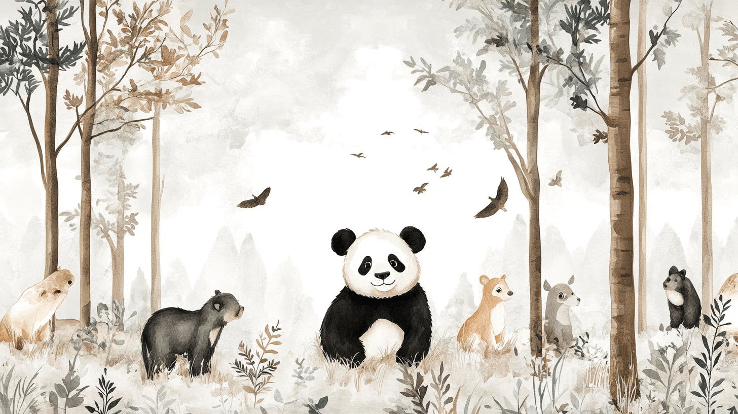Design file showing complete panda and woodland animals pattern with watercolor effects