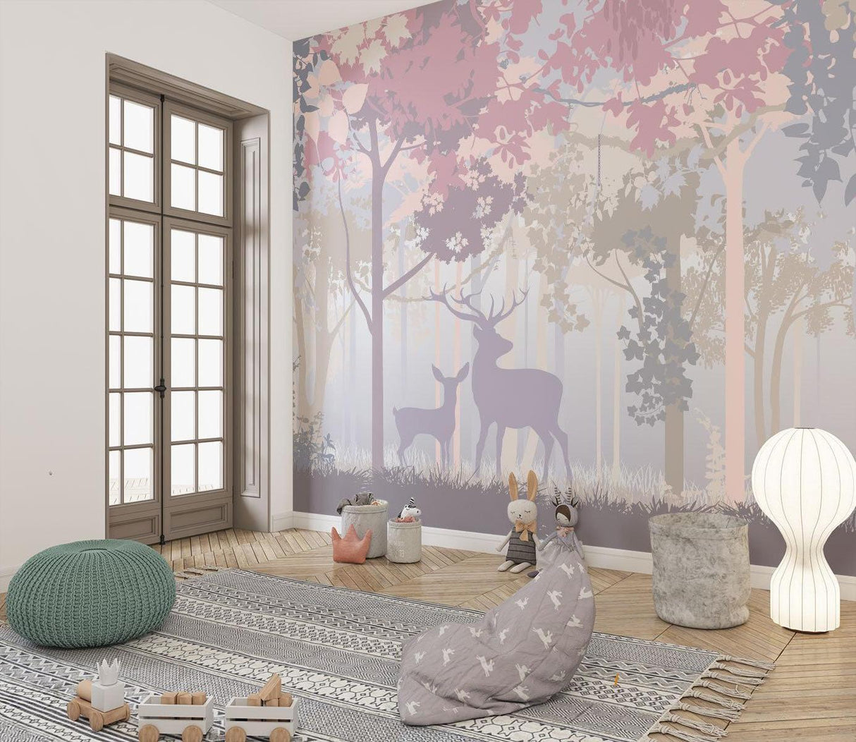 Forest animals wallpaper in cozy nursery with rocking chair and soft lighting showing deer silhouettes
