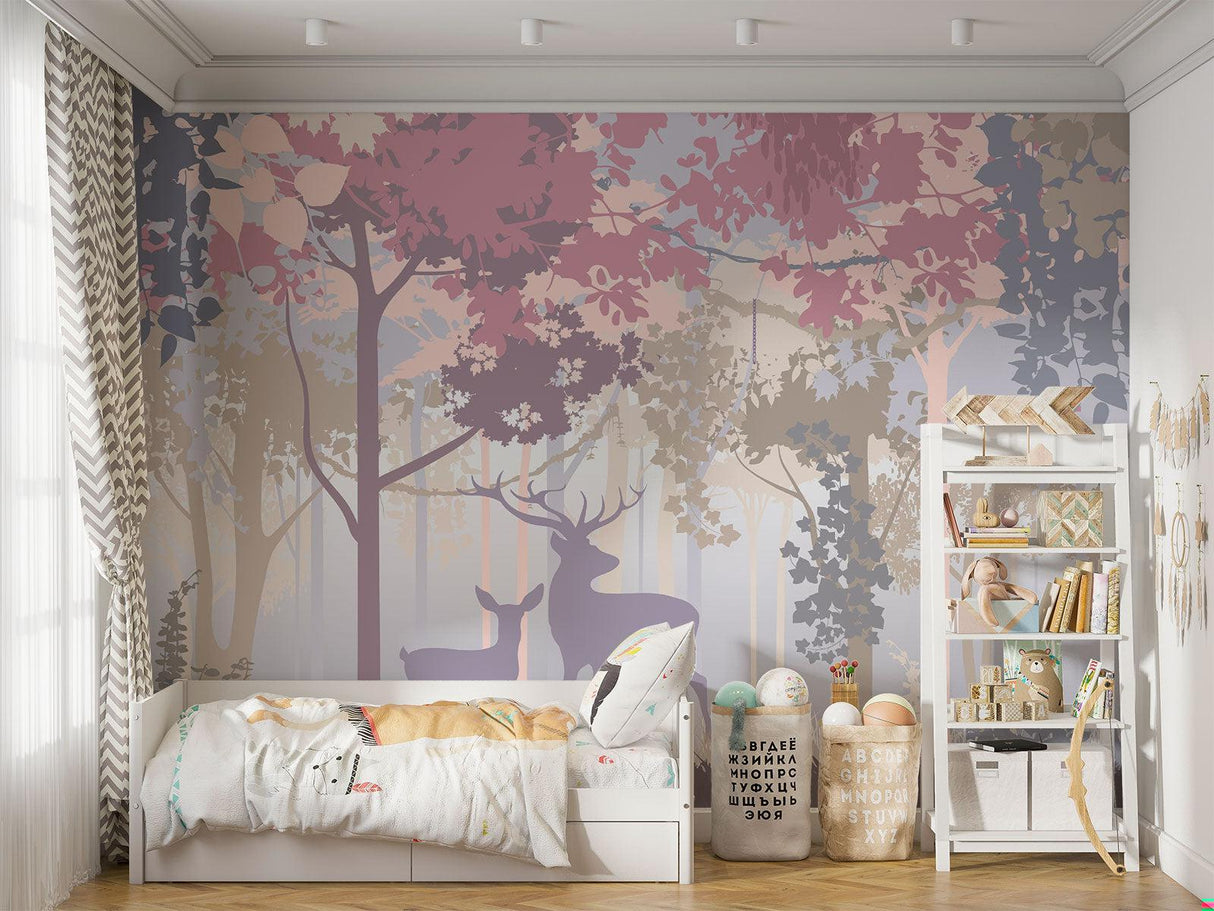 Kids bedroom with forest animal mural wallpaper featuring peaceful deer design