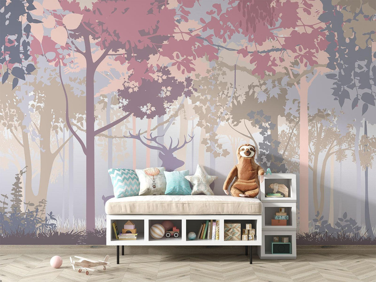 Reading nook with deer forest wallpaper creating calm atmosphere