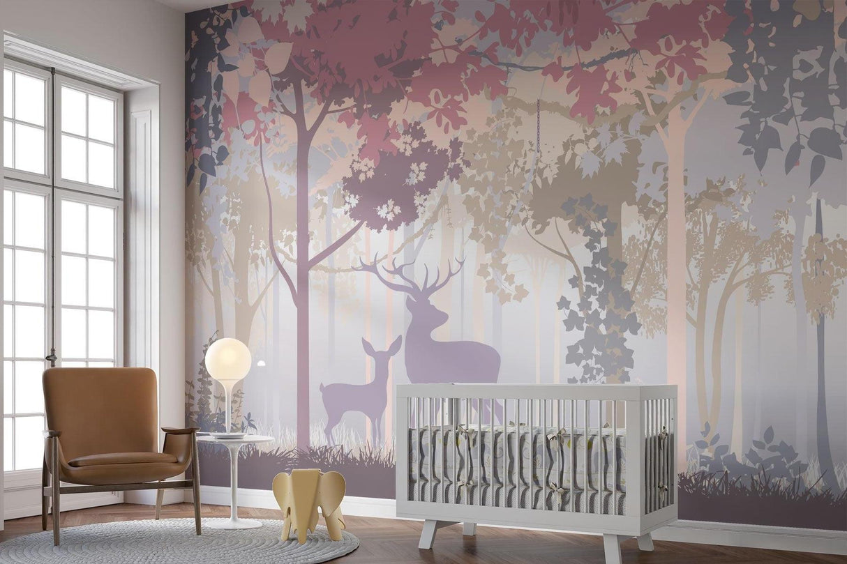 Playroom decorated with woodland animal wallpaper in soft pastel colors