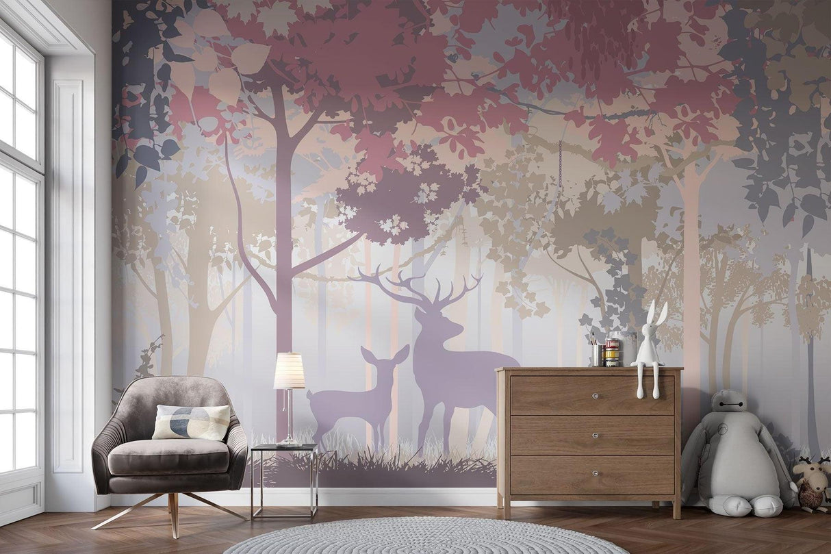 Modern nursery featuring forest animals wall mural with deer theme