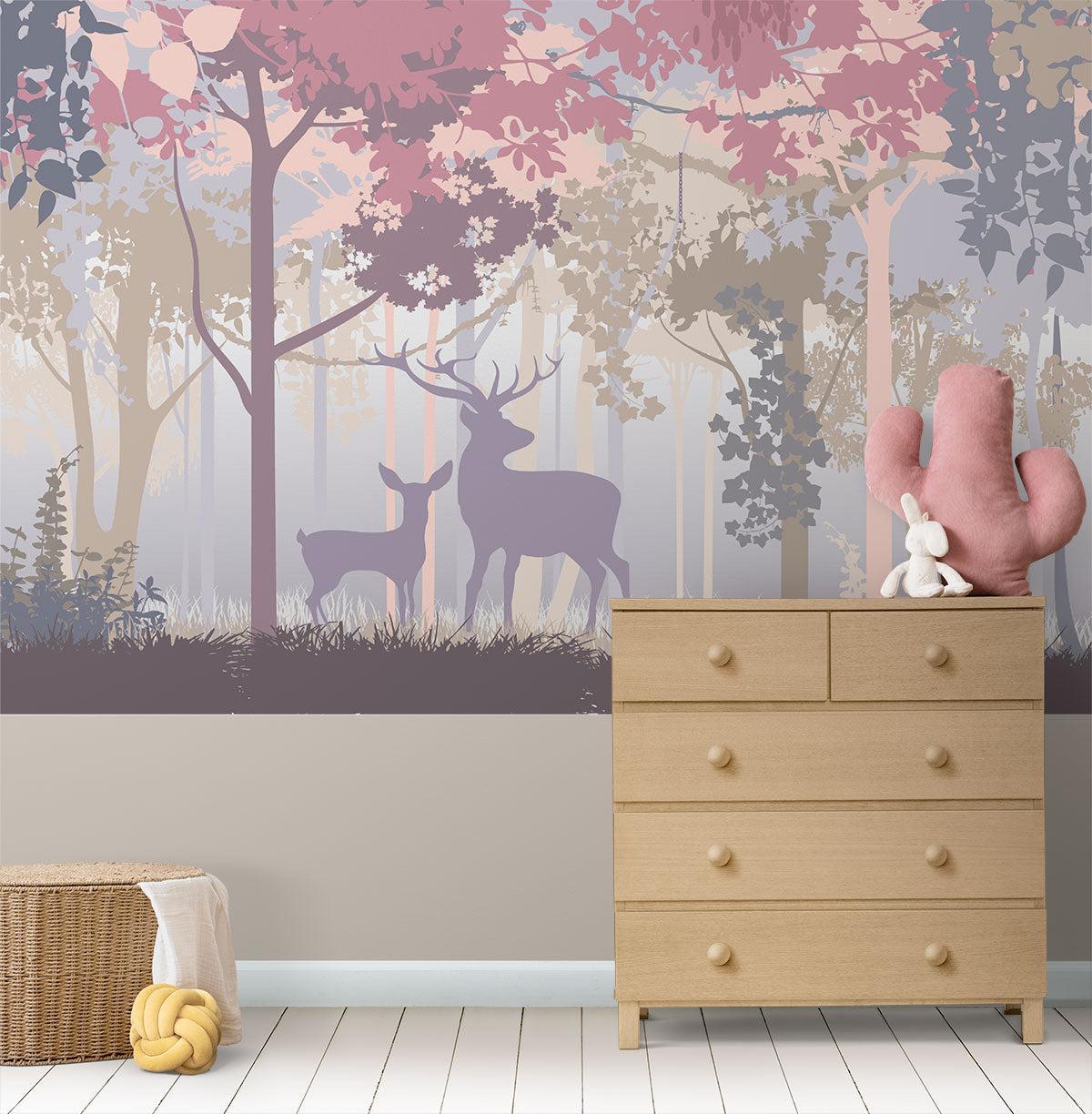 Scandinavian style bedroom with pastel deer forest wallpaper