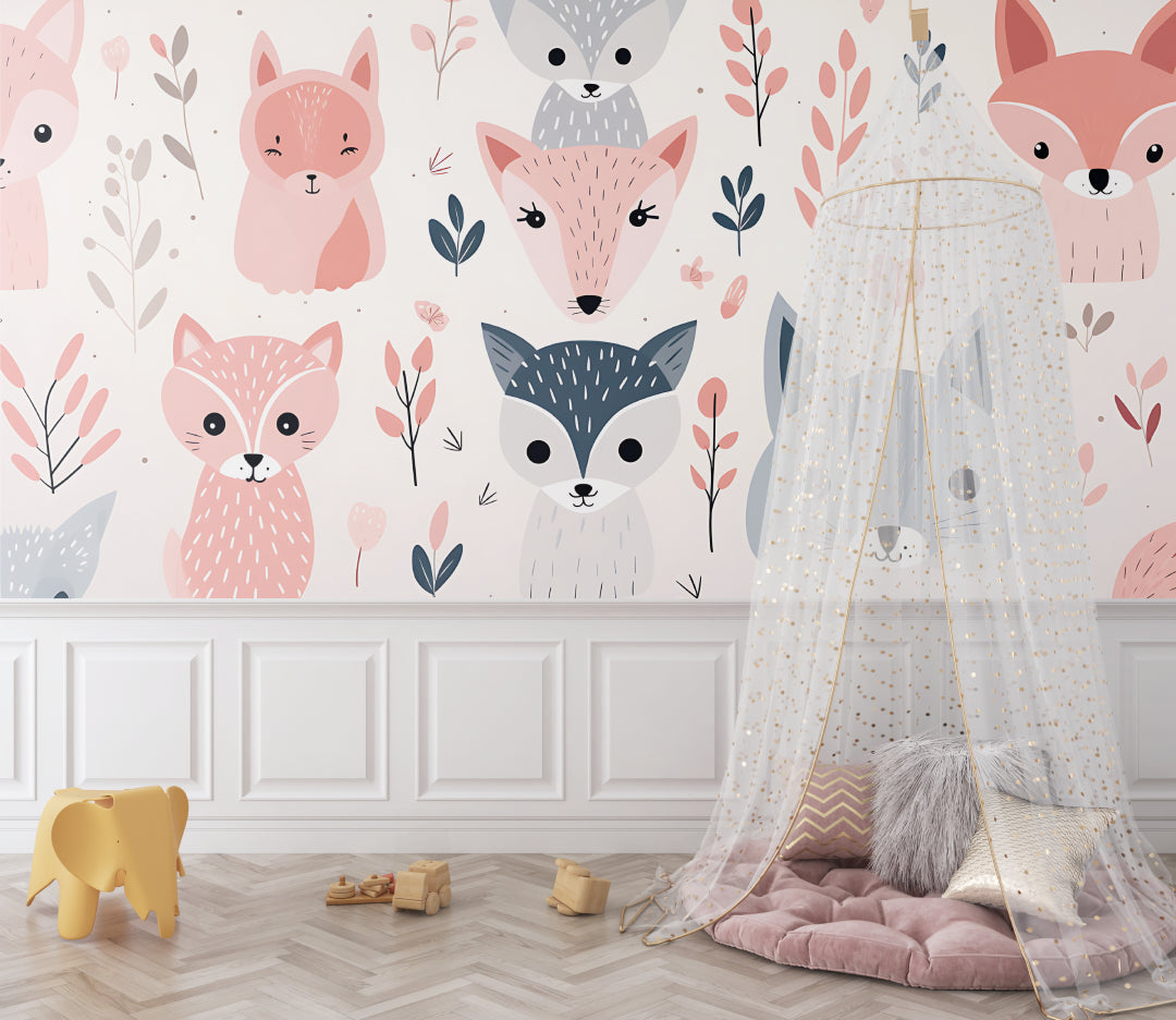 Pink fox wallpaper in toddler's reading corner with cozy chair