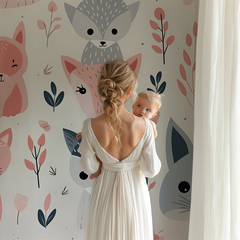Nursery animal wallpaper styled with natural wood furniture