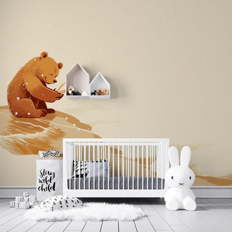 Forest animal wallpaper in cozy nursery setting, reading bear theme creates perfect bedtime atmosphere