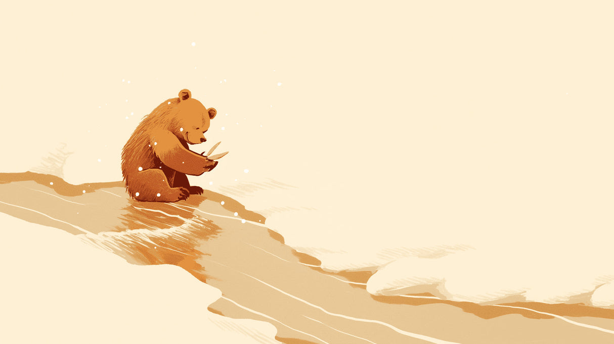 Reading bear wallpaper in child's bedroom, soft winter colors blend with natural decor