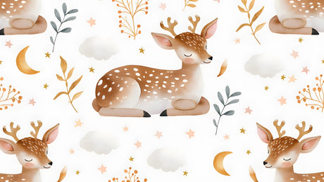 Design file showing sleeping fawn pattern with golden stars and leaves on white background