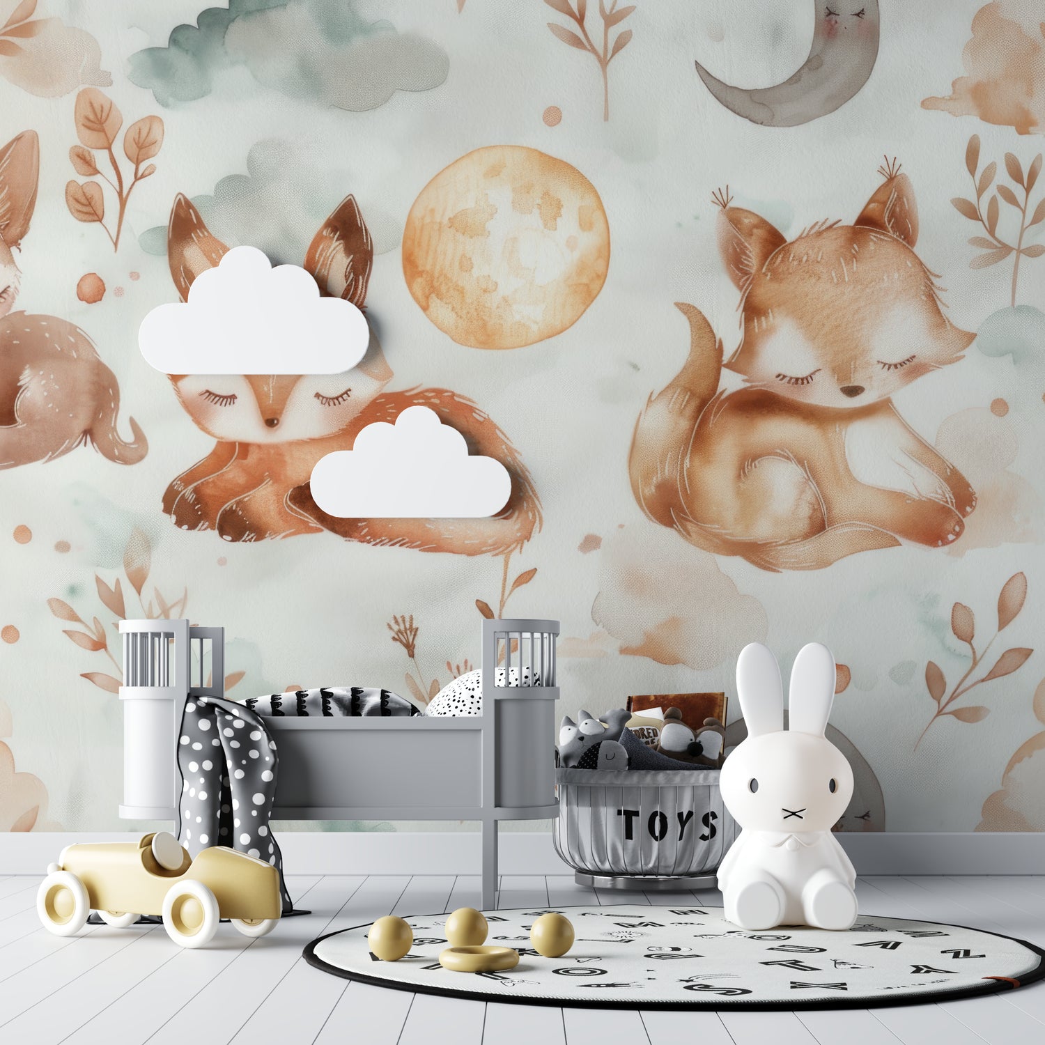 Sleeping fox wallpaper styled in modern playroom setting