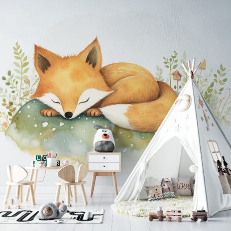 Forest fox wallpaper creating a cozy atmosphere in a modern nursery with white furniture