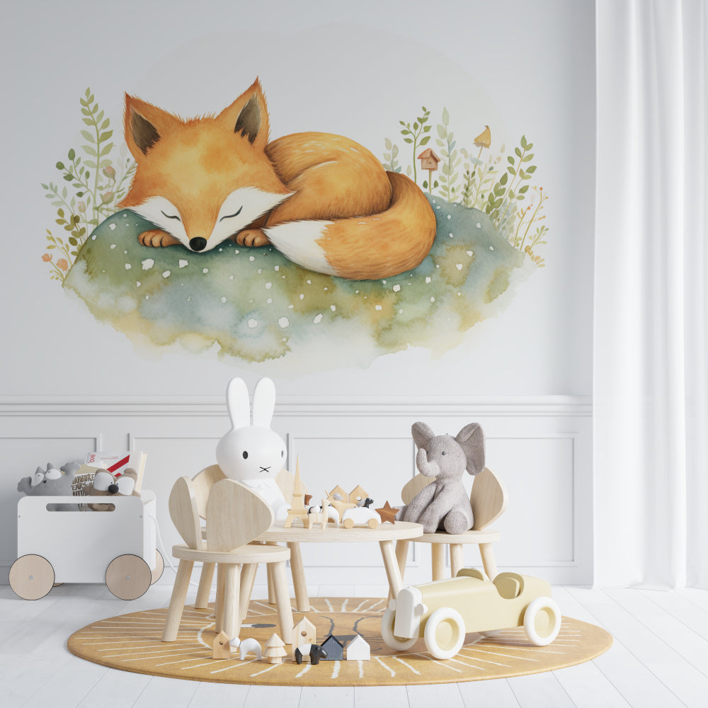 Woodland fox mural bringing nature into a child's reading nook with soft lighting