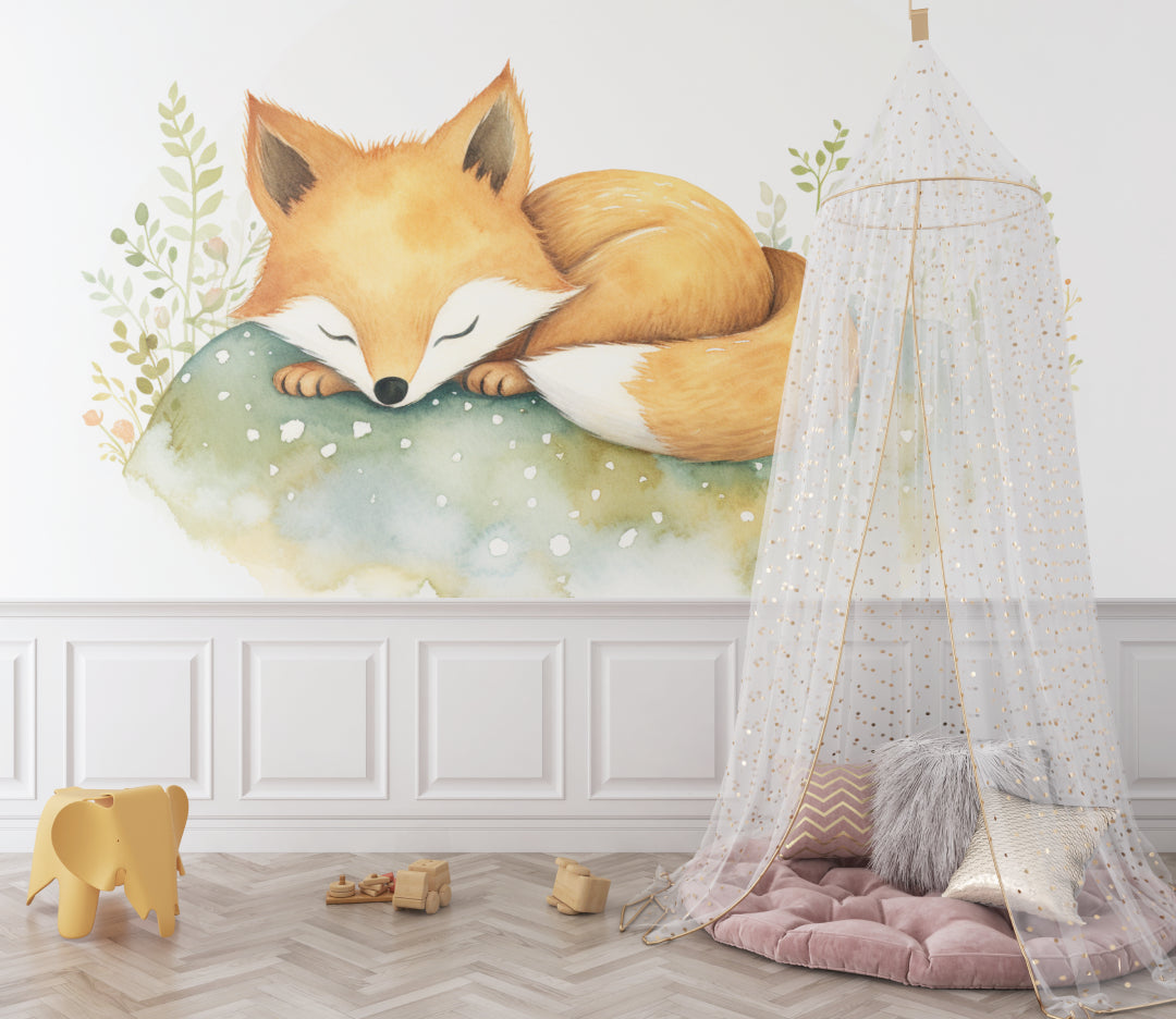 Sleeping fox wallpaper transforming a playroom with natural light and wooden accents