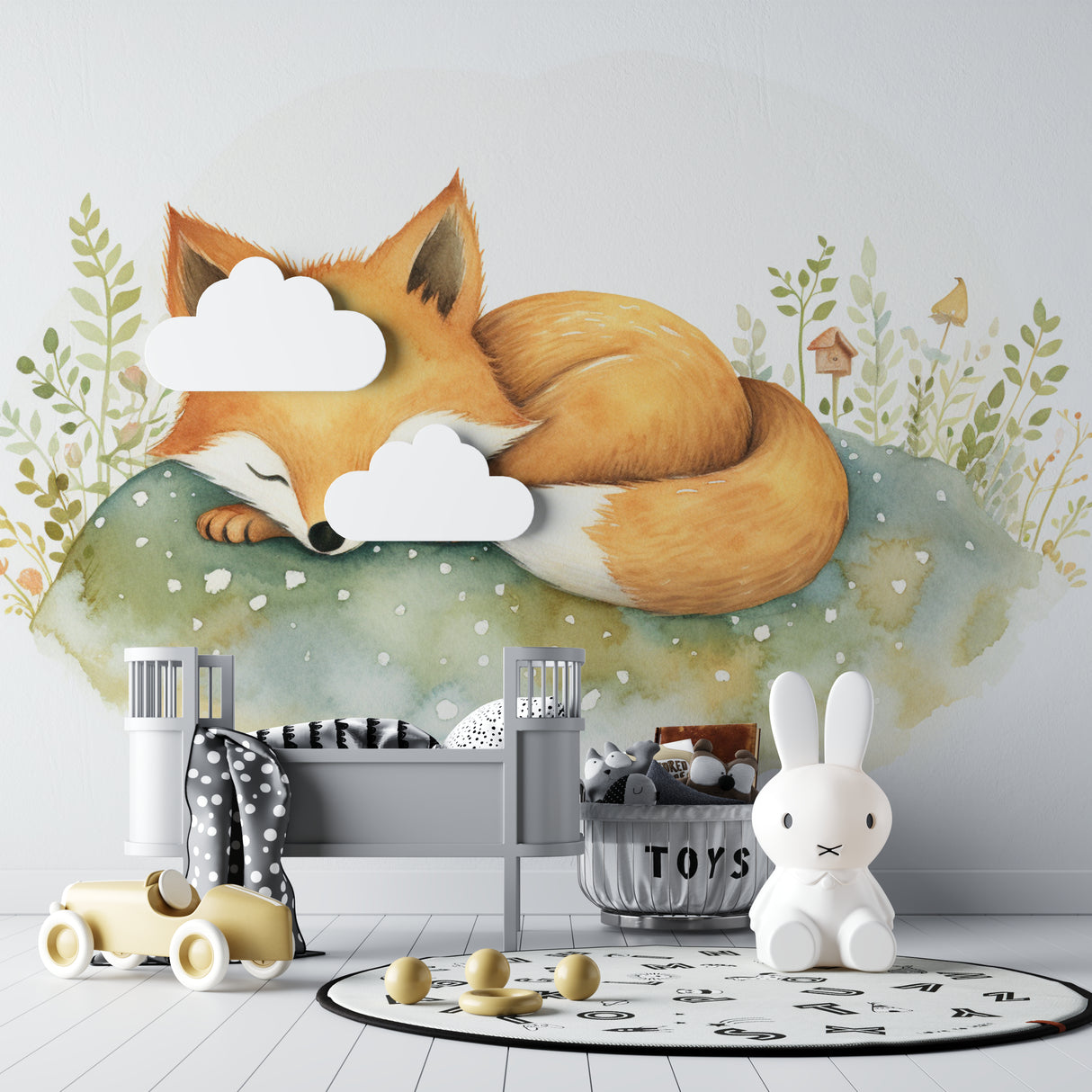 Forest animal mural adding charm to a baby's room with neutral decor