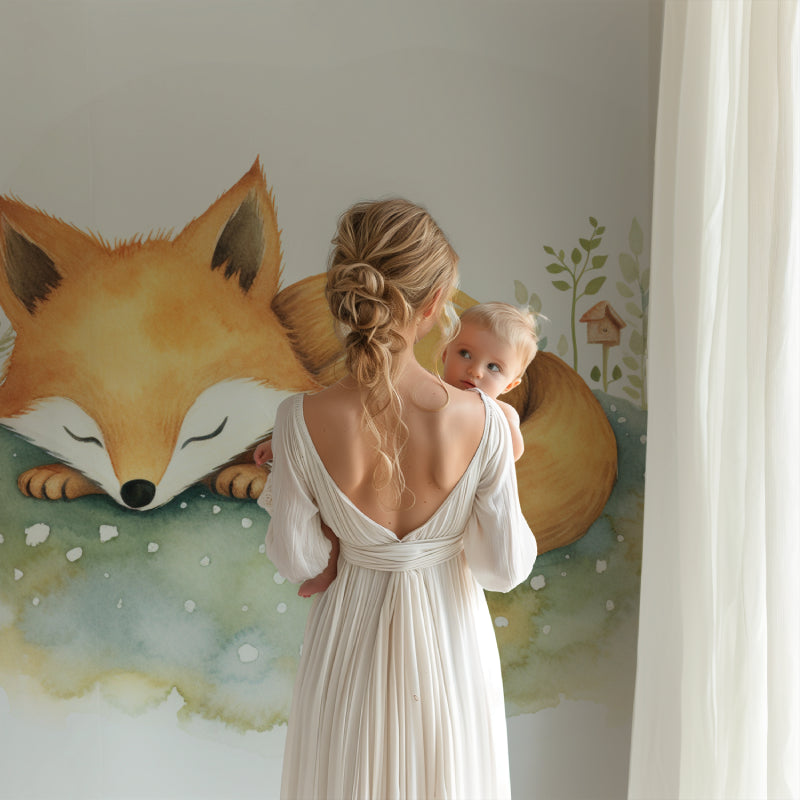 Watercolor fox wall mural creating a peaceful bedroom sanctuary with green accents