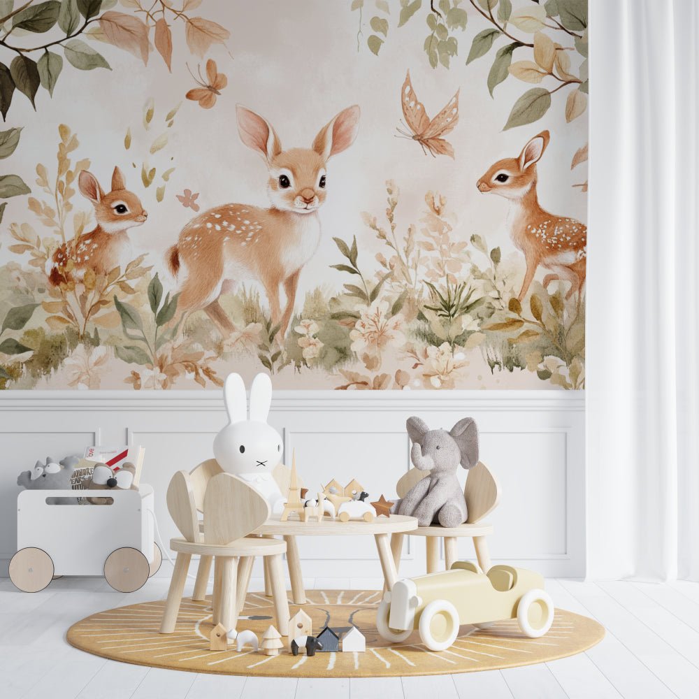 Forest animals wallpaper in cozy nursery with white crib and natural decor