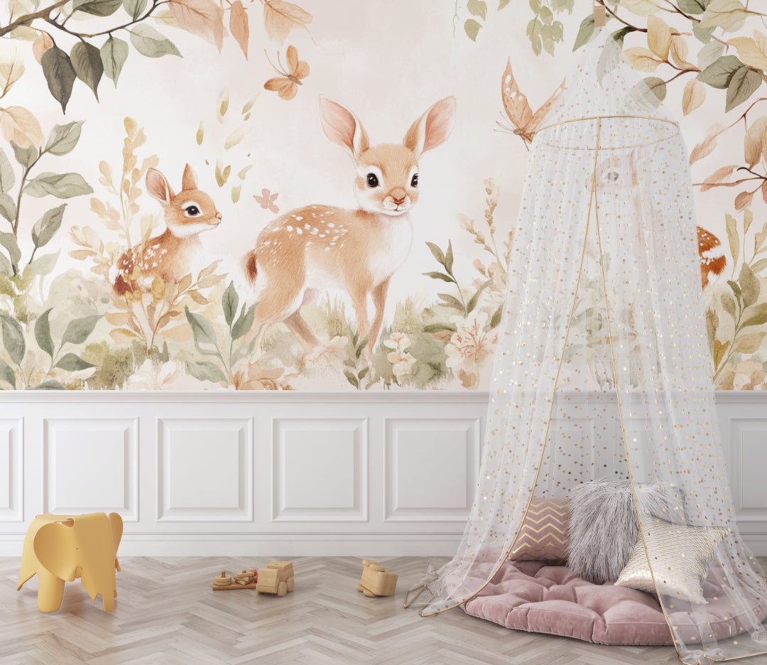 Woodland deer wallpaper creating magical atmosphere in children's playroom