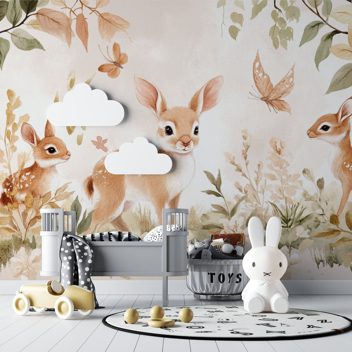 Forest wall mural with gentle deer and butterflies in modern bedroom setting