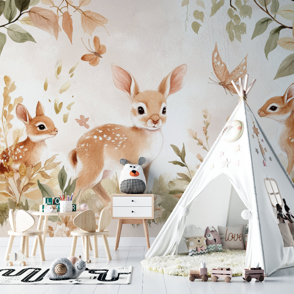 Woodland nursery wallpaper featuring soft beige deer in reading nook