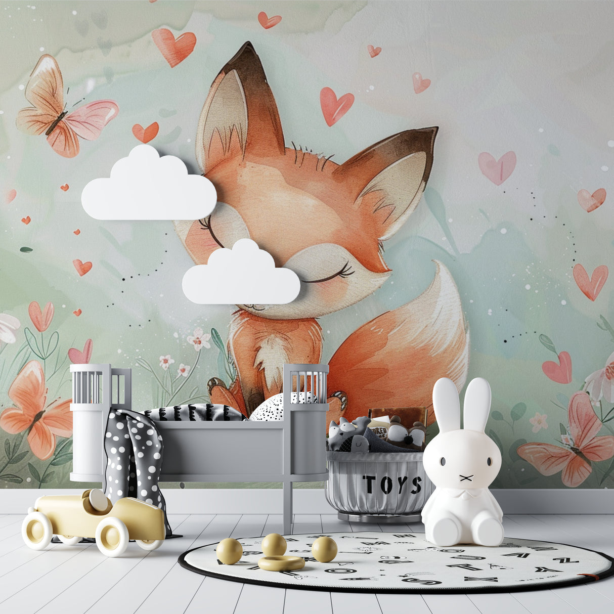 Woodland nursery wallpaper showcased in a reading nook with rocking chair